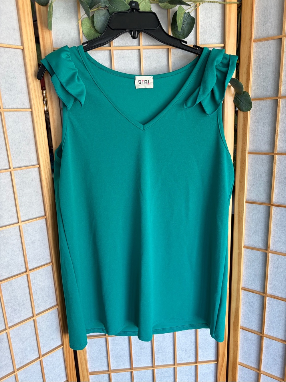 BiBi Teal V-Neck Sleeveless Camisole with Ruffle Shoulders